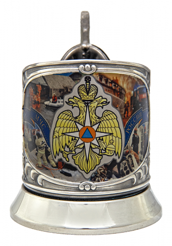 Набор для чая "МЧС" (3 пр.) цветой, карт.футляр, хруст.стакан, латунь никелированная, термоперенос, ложка-нерж.,термоперенос. фото 3